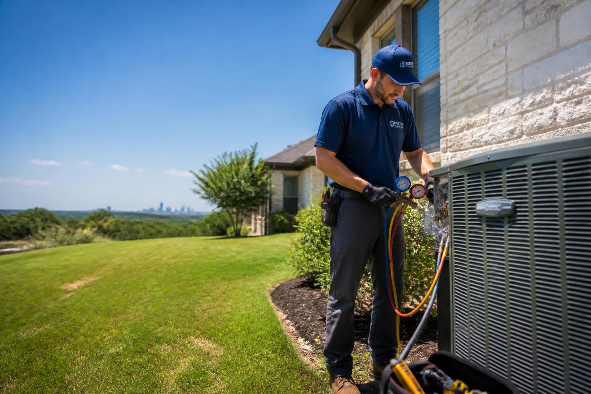 HVAC technician repairing an outdoor AC condenser unit at an Austin, TX home
